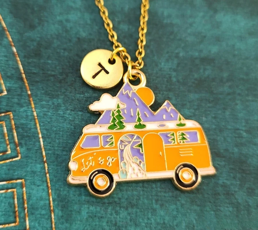 SMALL Yellow Trailer Charm Necklaces Keychain Camper  RV Camping Van Life Gifts Personalized Initial Travel Keyring Gifts