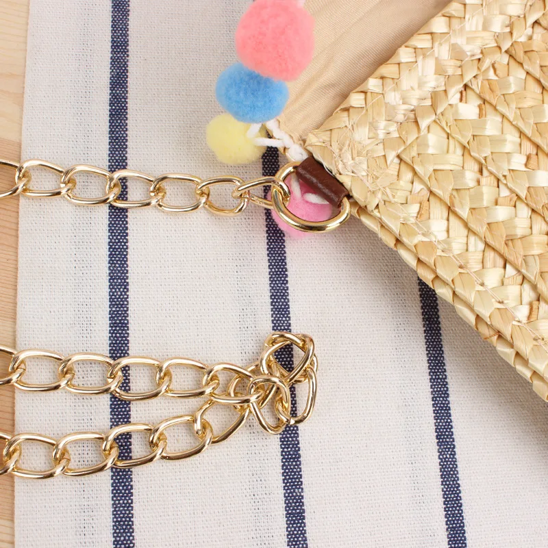 Beach Casual Women's Bags Large Capacity Straw Woven Cute Travel Shoulder Bag with Lovely Ball Decoration
