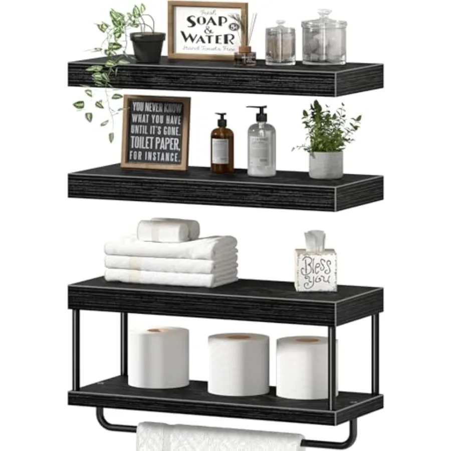 

Bathroom Floating Shelves Over Toilet - Wall Mounted Shelf Toilet Paper Storage Farmhouse 16 inch Set of 3 Black 027-40B3