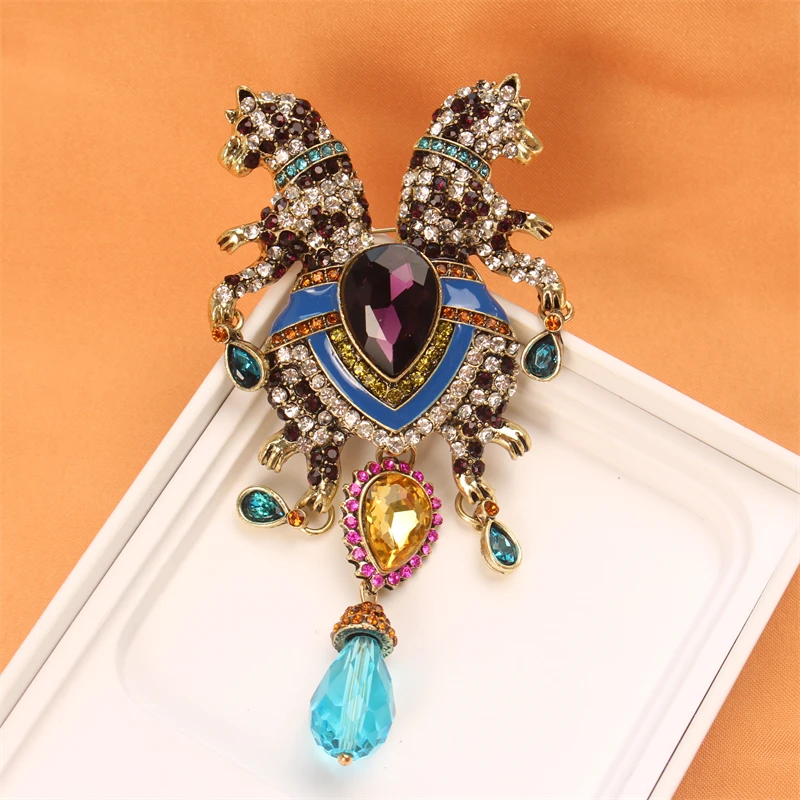 Large Size Heavy Industry Double Leopard Brooch Luxury Personality Fashion Animal Pins Vintage Unisex Corsage Accessories