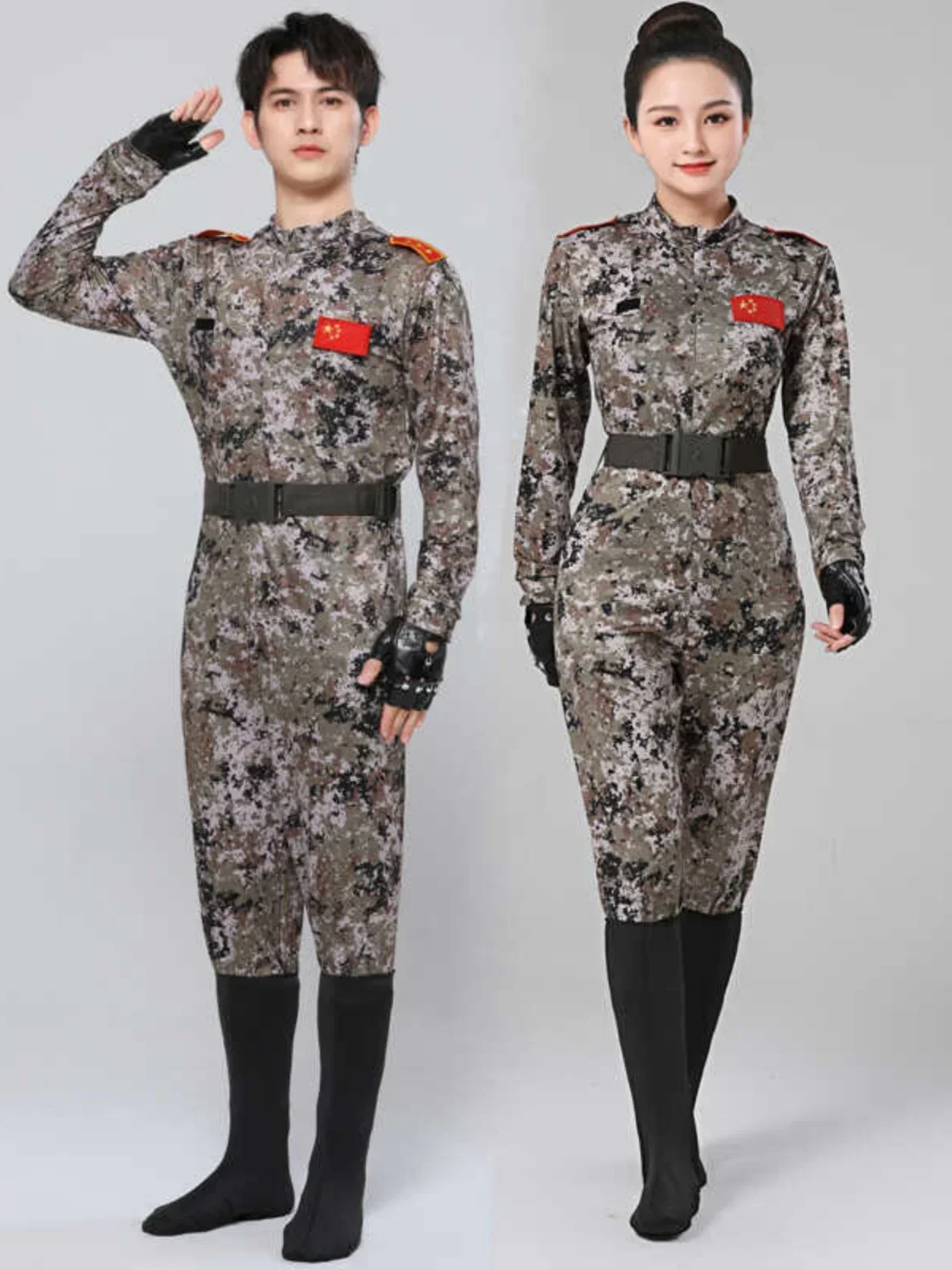 Disfraz de baile militar para hombre y mujer, traje de actuación de camuflaje, conjunto de 4 piezas de mono moderno para baile de grupo de soldados masculinos y femeninos