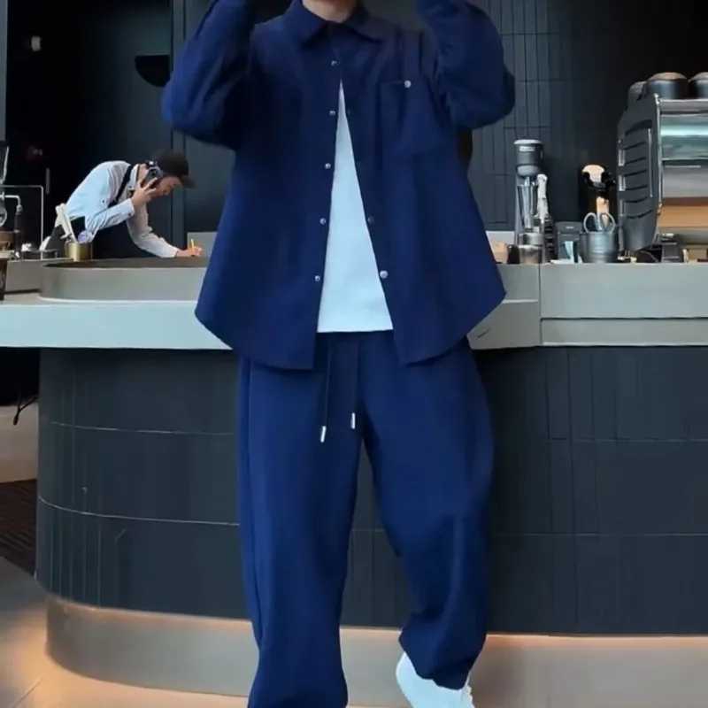 

Solid Color Comfortable and Trendy Striped Design Loose Casual and Fashionable Men's Spring Outerwear and Trousers Two-piece Set