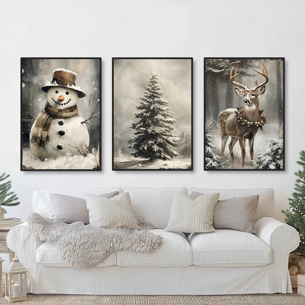 3 set of Christmas wall decoration Christmas tree poster snow scene elk canvas printing poster merry christmas new year sign