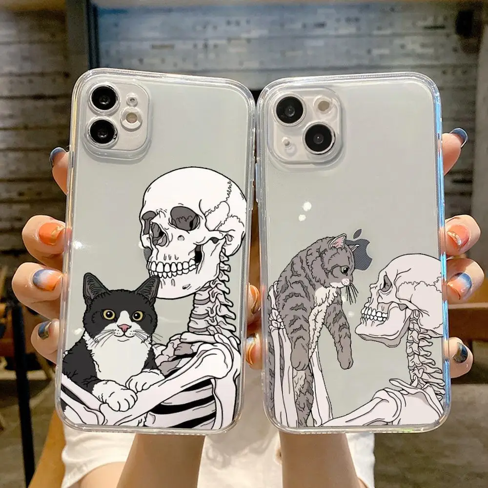 Design stylish skull and cat dog Phone Case FOR IPhone 15 14 13 12 11 Pro 14 15 Plus 13 Pro MAX XR XS Woman Transparent Covers