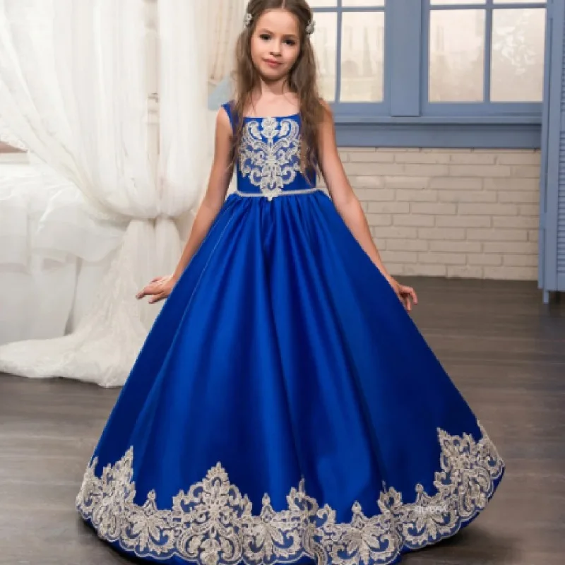 Royal Flower Girls Dress Ball Gown Fashion Scoop Bow Neckline Zipper Back Pageant First Communion Gown Wedding Birthday