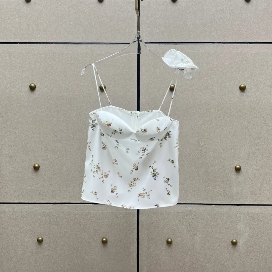 2025 New Arrival Y2K Style Printed Bustier Camisole - White Ditsy Floral Double Straps & Shoulder Ruffle Detail | Trendy Feminin