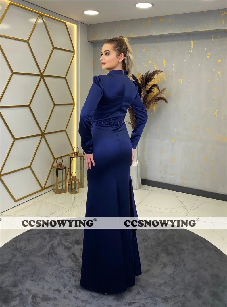 Mermaid Satin Beaded Hijab Muslim Evening Dresses Long Sleeve Islamic Formal Party Gown Women Arabic Dubai Robe De Soiree