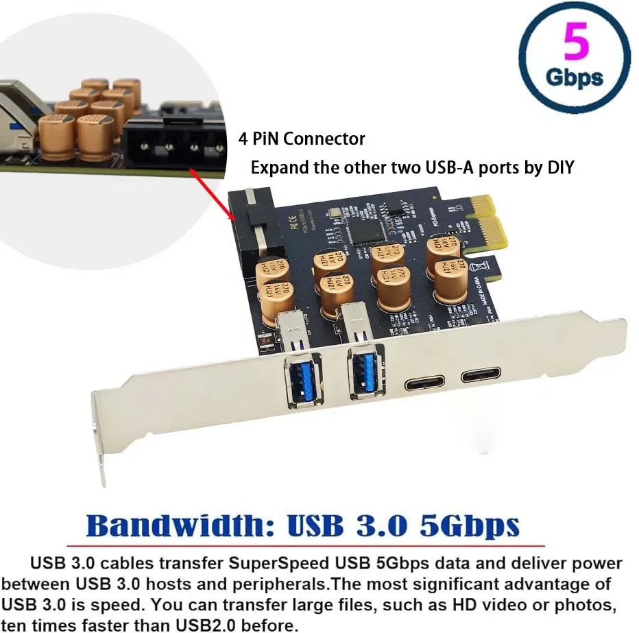 2 Port USB3.0 PCI-E 2 Port Type C Expansion Card PCI Express PCIe USB 3.0 HUB Adapter 2 Port USB 3.0 2 Port Type C Controller