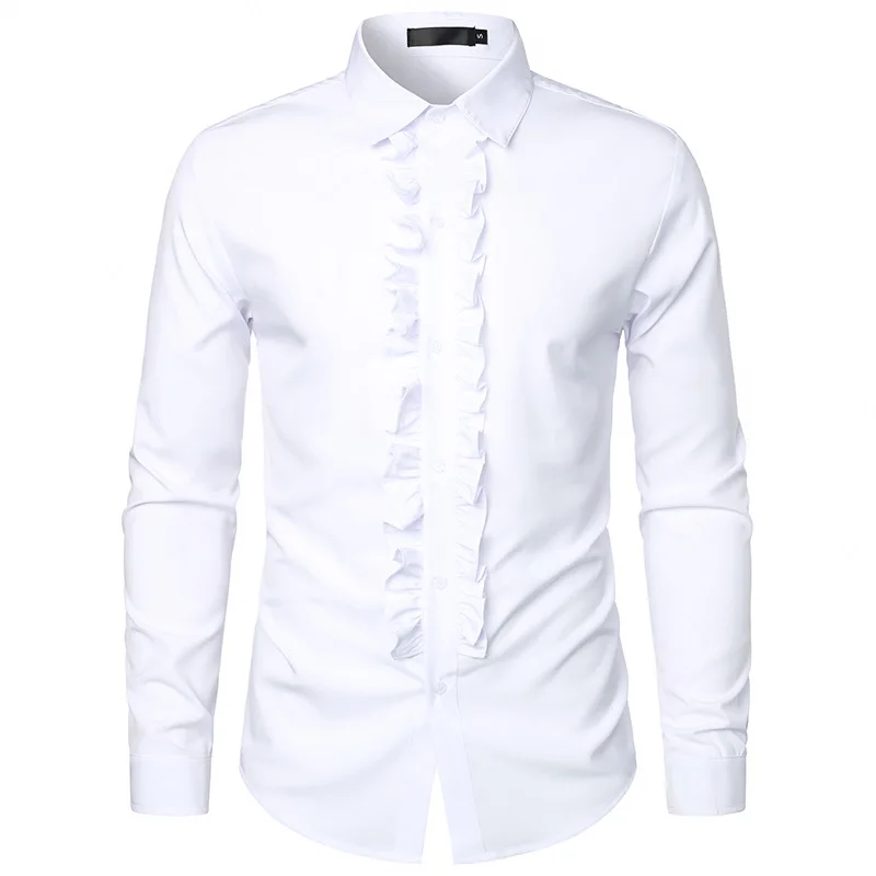 

White Ruffle Blouse Tuxedo Shirt Men 2023 Brand Pleated Long Sleeve Button Down Dress Shirts Men Formal Wdding Prom Shirt Male