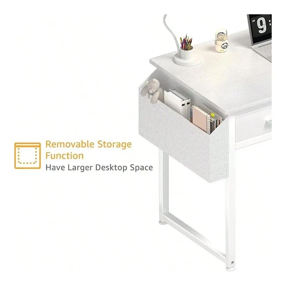 

Small White Desk With Fabric Drawers, 32 Long. It Doubles As A Dressing Table In The Bedroom, With Storage Drawers And Pockets,
