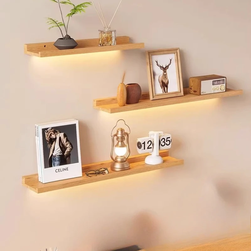 Solid Wood Wall Shelf with Light Rustic Floating Bookshelf Stylish Storage Shelf Display Organizer Imported Pine Shelf