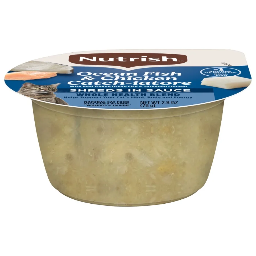 

Влажный корм для кошек без зерна Ocean Fish Chicken Catch-iatore Whole Health Blend с настоящей рыбой из океана и измельченной курицей в соусе