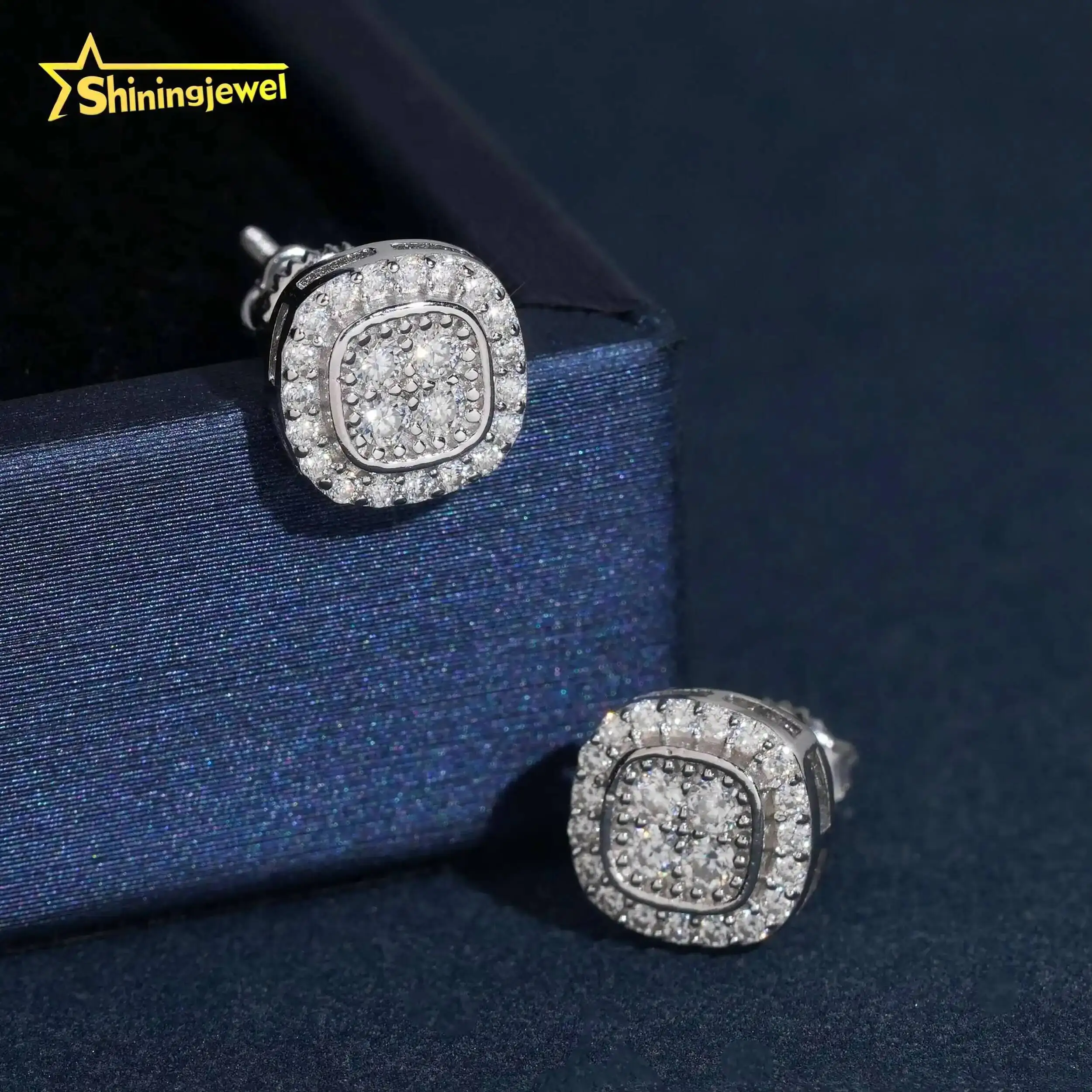 Fine Jewelry Hip Hop Cluster Earrings Pass Diamond Test Moisssanite Gold Plated Sterling Silver 925 Screw Back Stud Earring
