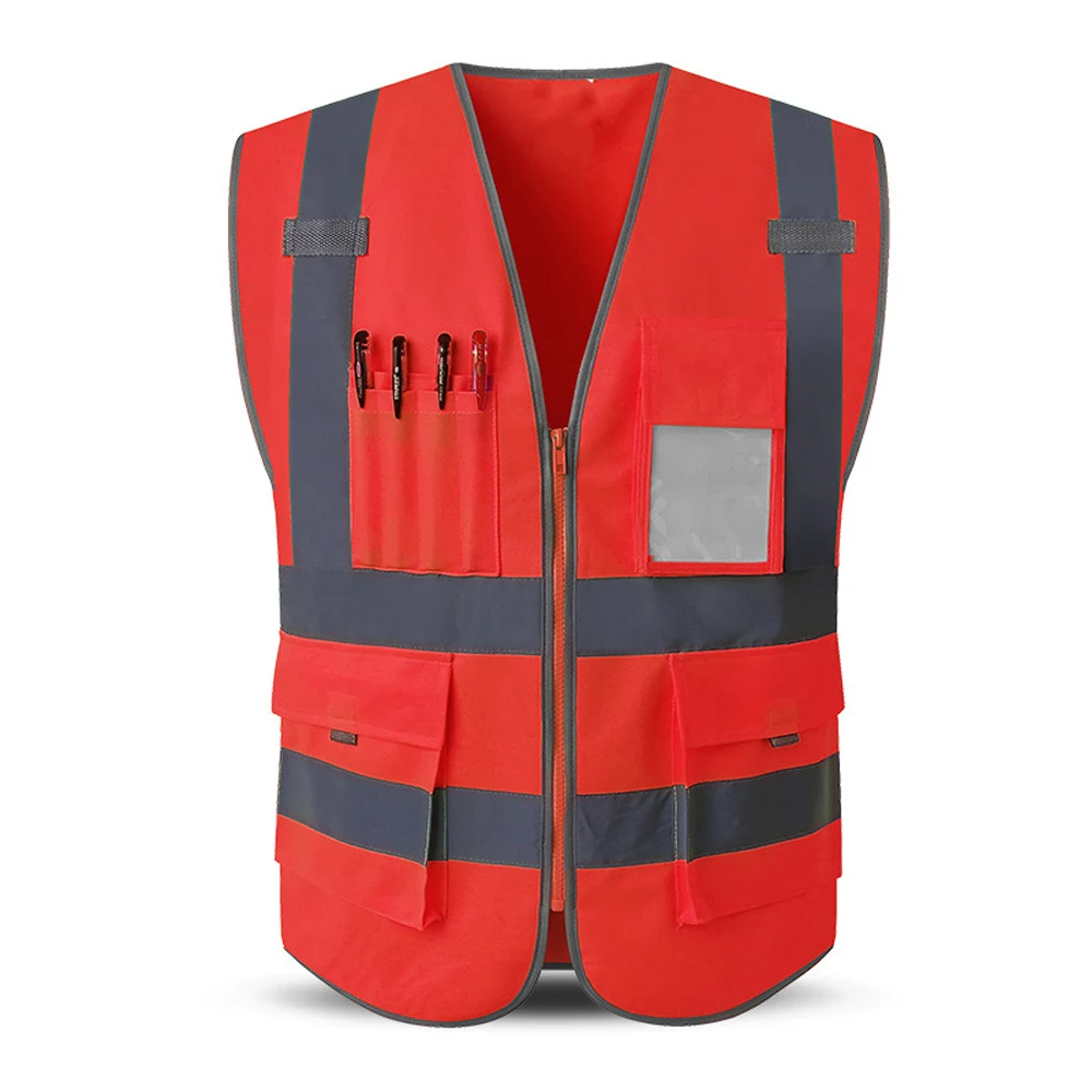 Red Reflective Work Safety Vests Multi-pocket Construction Worker Working Clothes High Visibility Reflective Safety Vest