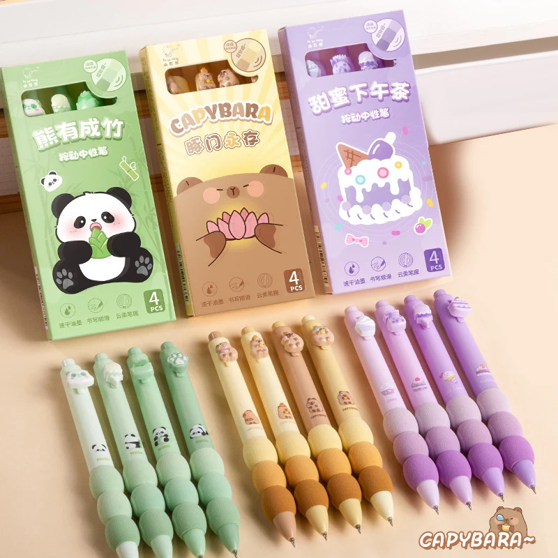 4PCS Cartoon Cute Capybara Panda Gel Pens Quick-Drying Writing Tool Pens With Splicing Sponge Student Stationery School Supplies