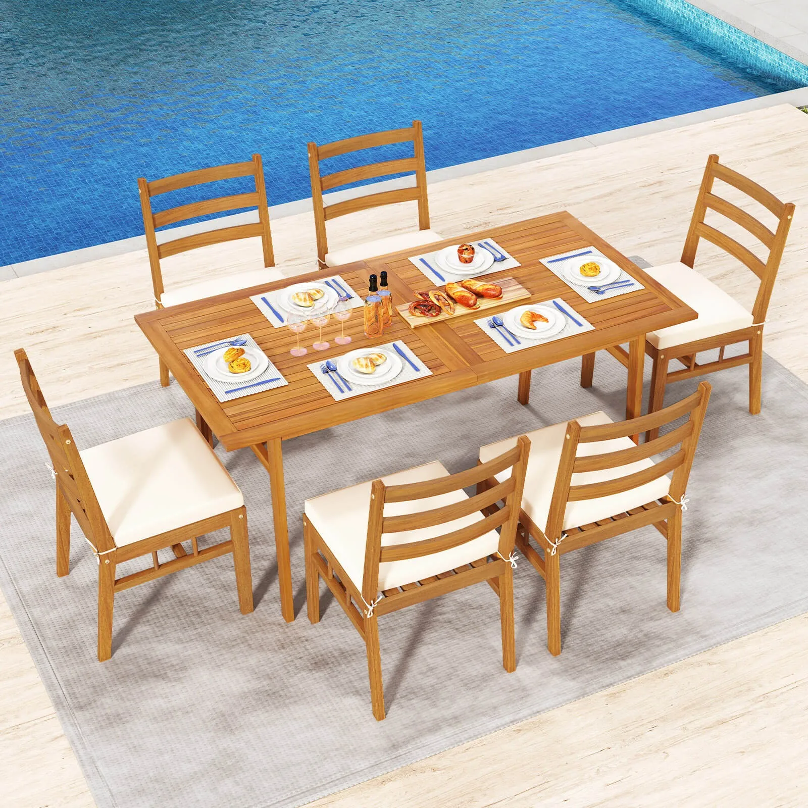 

7PCS Patio Acacia Wood Dining Set w/ 1.97” Cushions & Umbrella Hole for Backyard