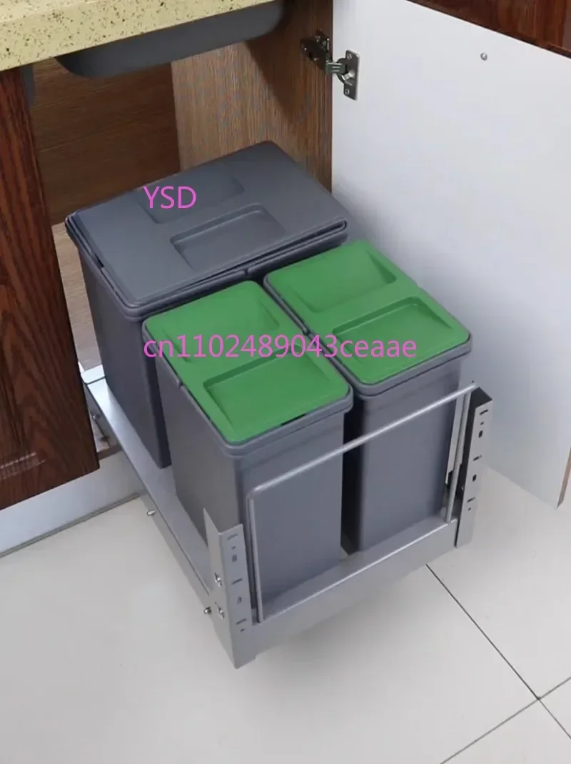 Kitchen concealed  cabinet with household garbage can for dry and wet separation, built-in pull-out sorting storage box.