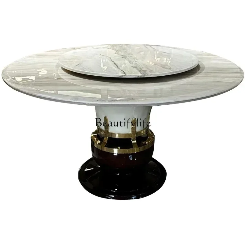 

Italian light luxury marble dining table villa high-end modern home solid wood round dining table and chair combination