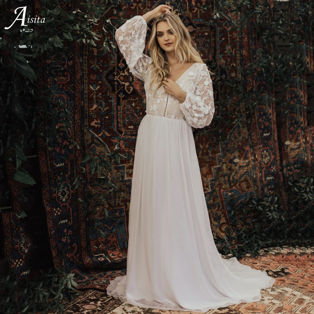 Barato boêmio a linha vestido de casamento lanterna manga renda vestidos de noiva com decote em v longo chiffon vestidos de noiva