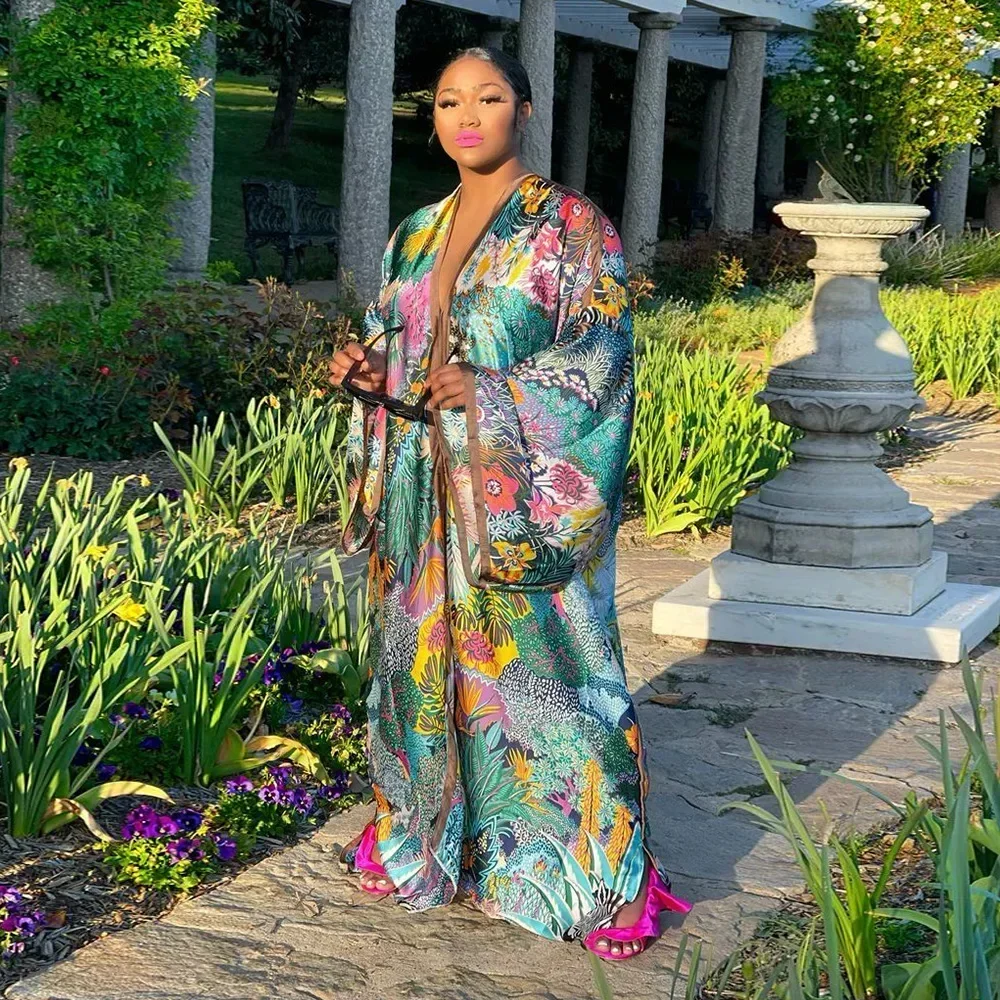 Boho Printed Loose Casual Long Kimono Maxi Dresses Batwing Sleeve Trench Coat Tunic Autumn 2023 Women Beachwear