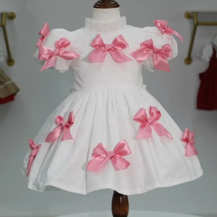 0-12Y Baby Girl Summer Pink Bow White Turkish Vintage Princess Ball Gown Dress for Birthday Holiday Casual Eid Photography B32