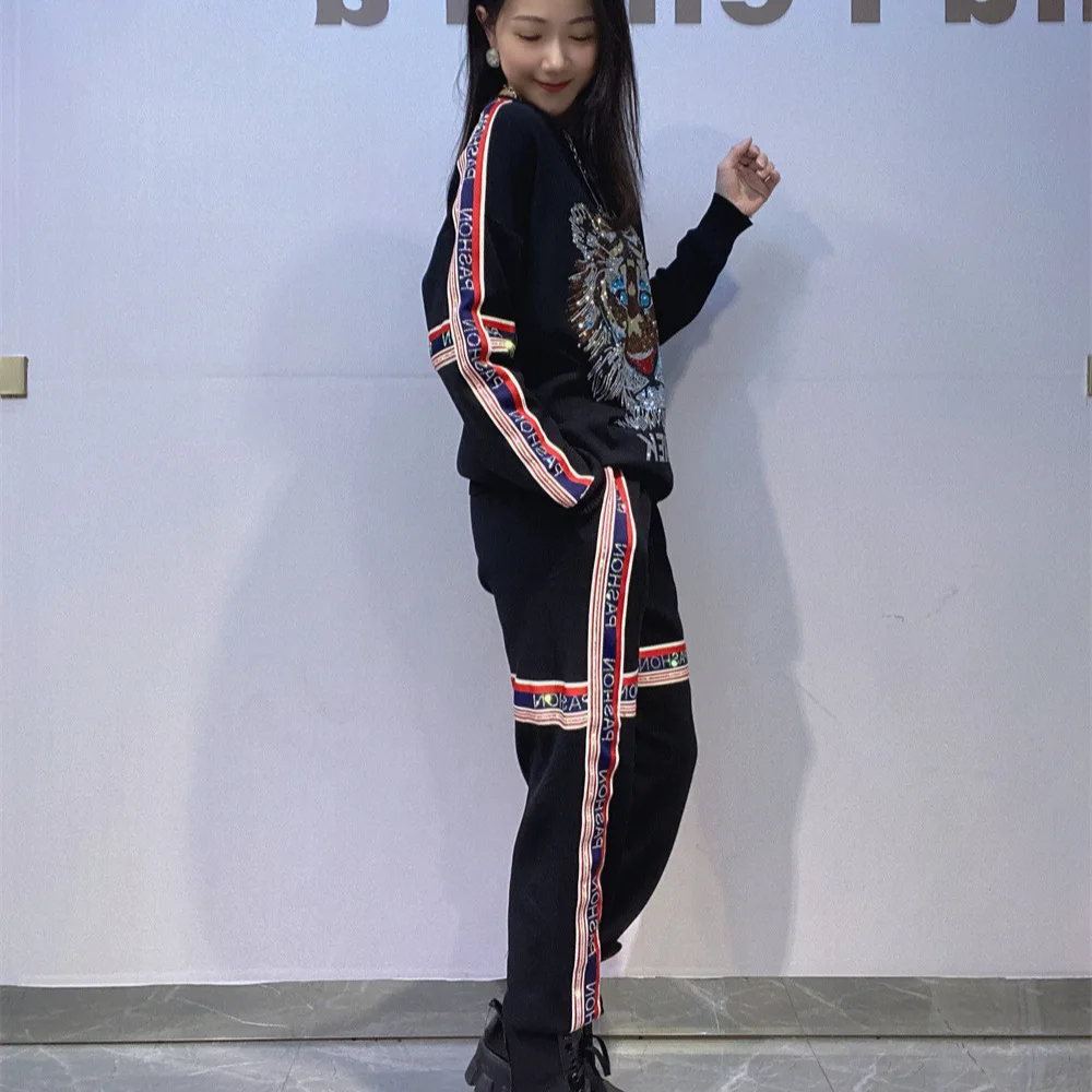 

Pants Suit Women's Suit Colorful Ribbon Splicing Long Sleeve Knitted Sweater Top and Knitted Pants Hot Drilling Two-piece Set