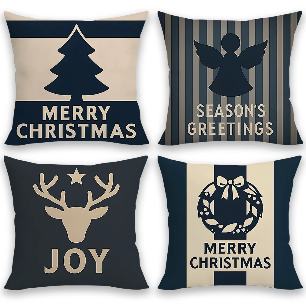 Set of 4 Christmas Holiday Pillowcases Decorative Xmas Covers Seasonal Joy Greetings Throw Cushions 40x40cm