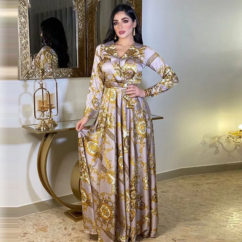 Autumn Modest Muslim Dress Elegant Evening Party Gowns Dubai Middle East Long Sleeves Vintage Printing Maxi Dresses Abaya Robe