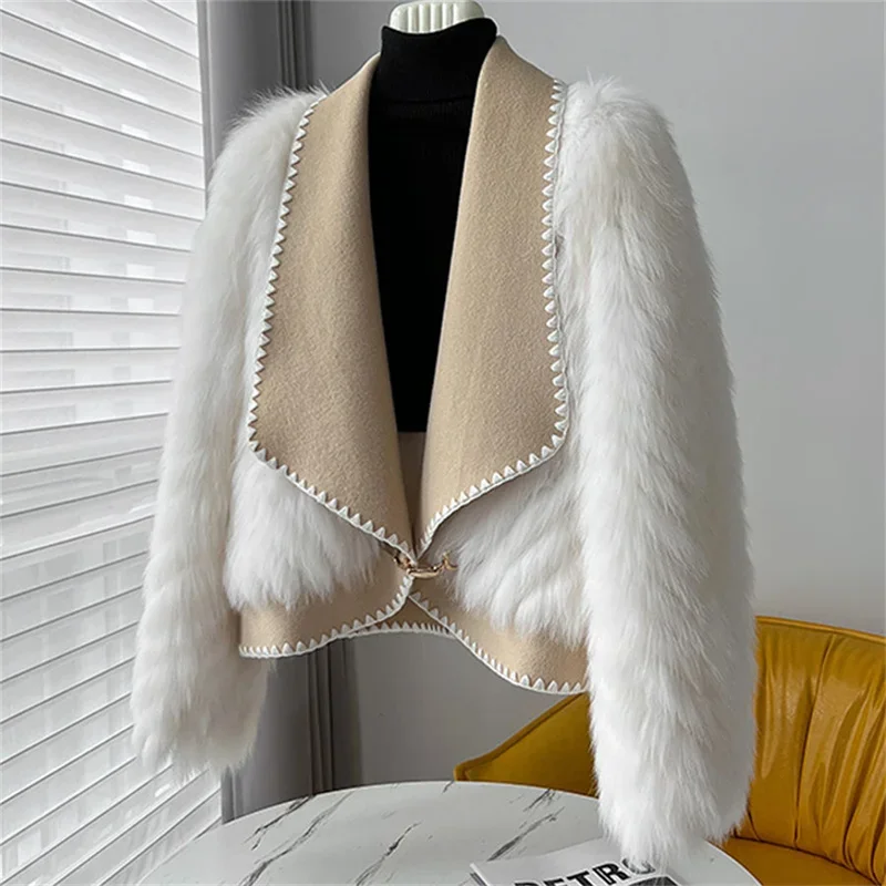 

Fox Fur Car Stripe Fur Coat For Women's Winter Lapel High-End Short Double-Sided Woolen Fashion Cardigan Thick Top Short U333