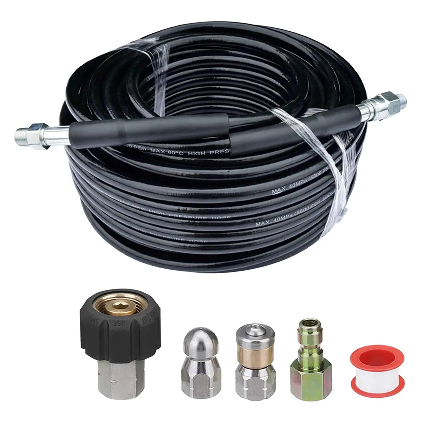 15M Pressure Washer Drain Hose Cleaning Kit with Jet Nozzle and Rotating Jet Nozzle