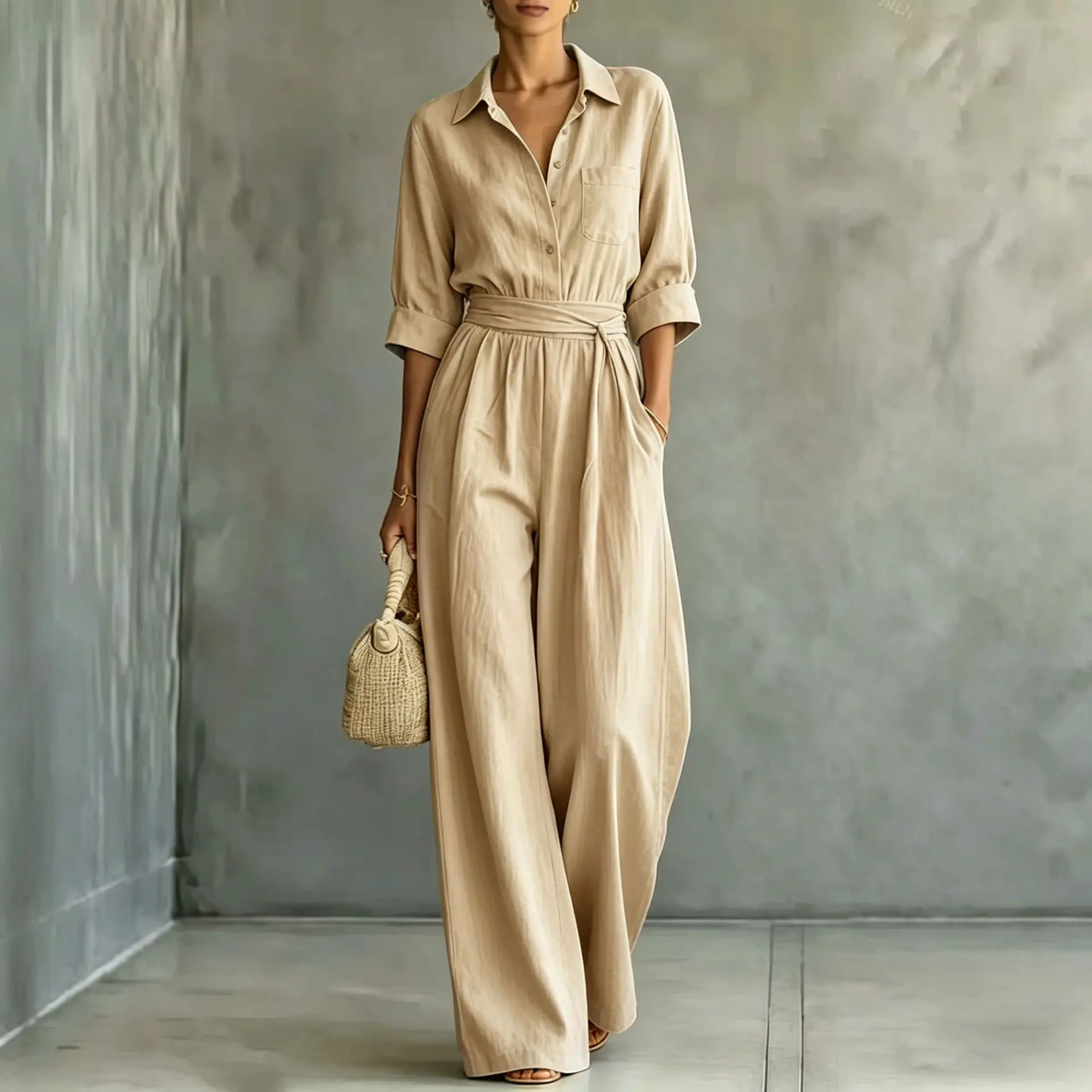 

Solid Color Casual Loose Jumpsuit Women New Summer Short Sleeve Shirt Female Vacation Rompers Fashion Streetwear One Piece Set