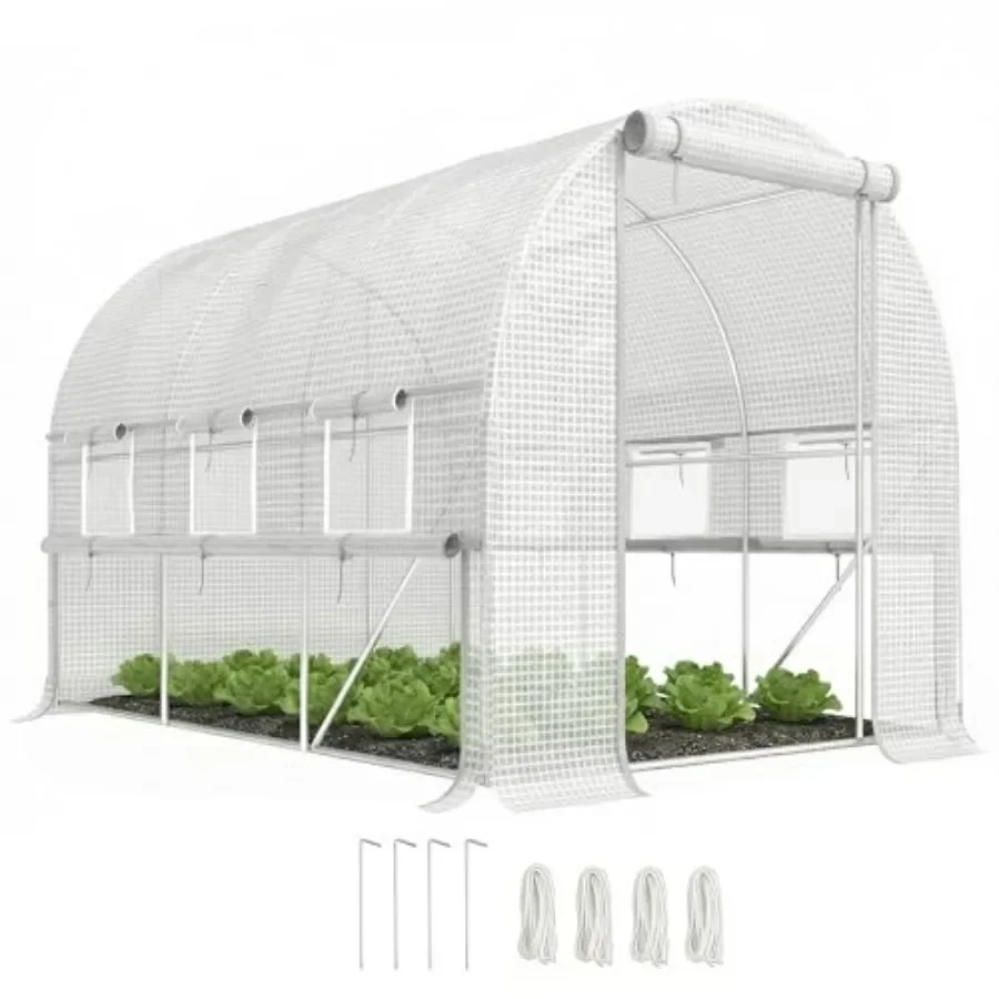 Walk-in tunnel greenhouse for outdoor gardening, white polyethylene fabric, with zipper doors, durable and weather-resistant