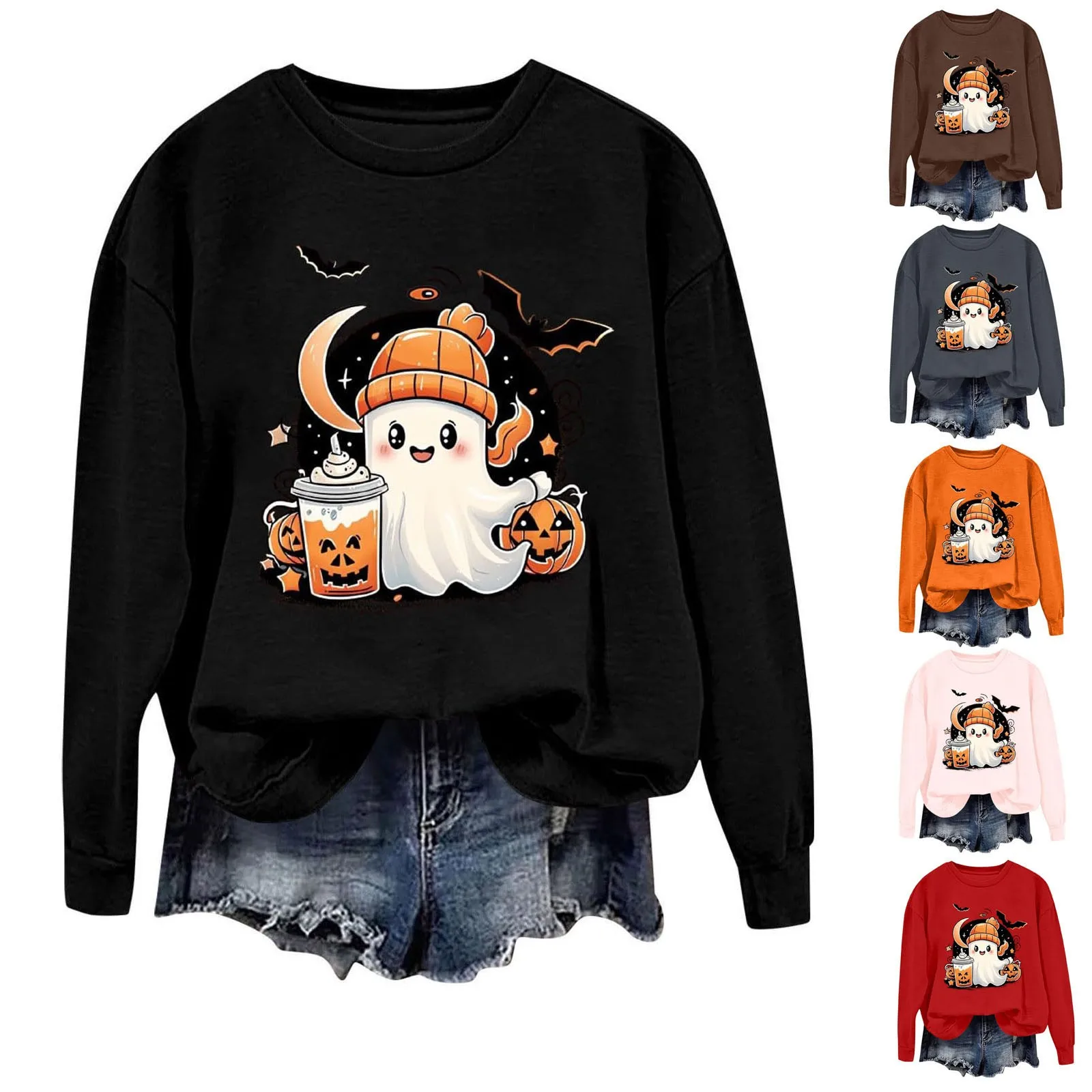 

Halloween Cartoon Sweatshirt Women'S Print Shirts Cute Pullovers Oversized Crewneck Sweatshirts Pumpkin Costume Clothes Women