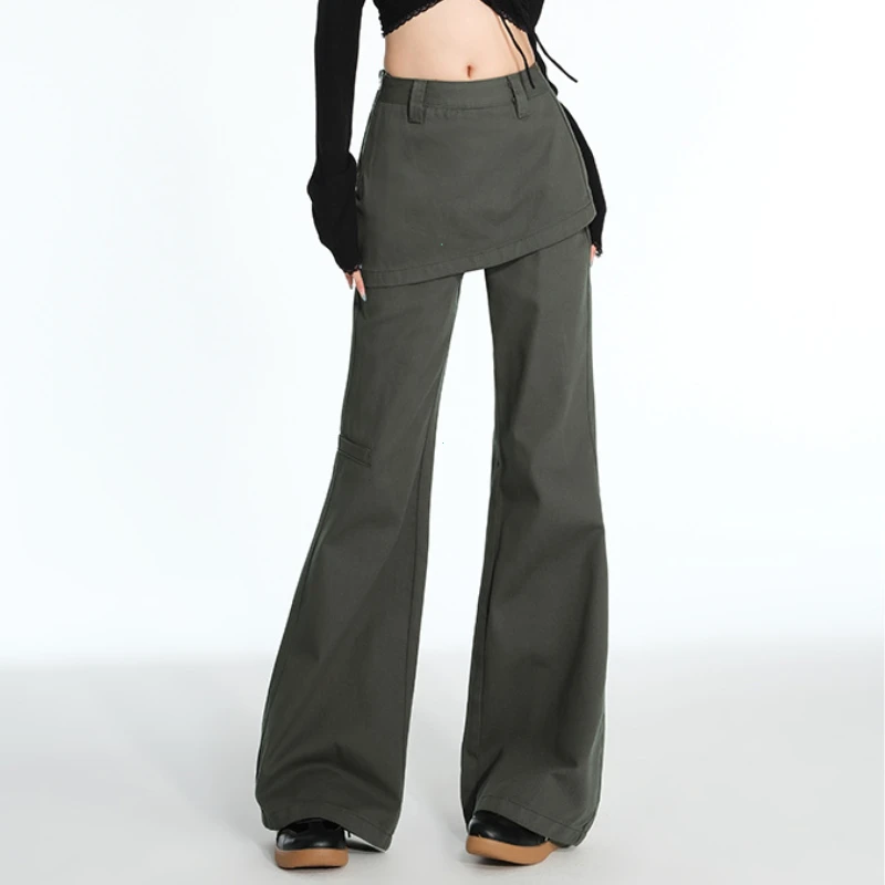 Plus Size Retro Fake Zweiteilige Furz-Vorhang-Jeans 2025, Frühling und Herbst, Micro-Pull-Cargo-Schlankheitshose, gerade gestapelt, weites Bein