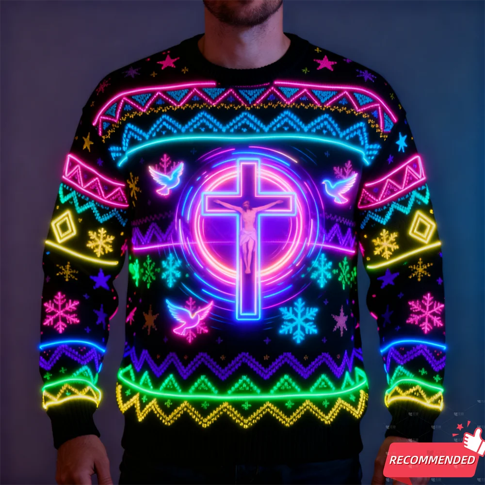 Sweater Natal Lucu 3D Print Motif Tupai Natal, Baju Natal Unisex Model Pullover Tracksuit, Desain Santa Yesus Neon Palsu 2025