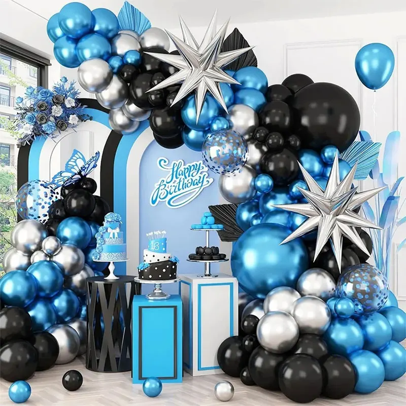 109-teiliges Blau-Silber-Schwarz-Luftballons-Bogen-Set für Schule, Babypartys, Geburtstagsfeier, Abschlussfeier, Jahrestag, Junggesellenabschied, Dekoration