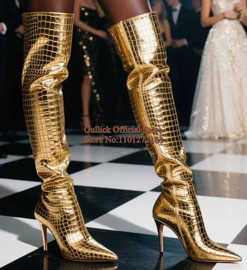 الذهب جلد الثعبان المطبوعة النساء حذاء برقبة للركبة أشار تو نمط بيثون عالية الكعب أحذية طويلة قطرة الشحن #3