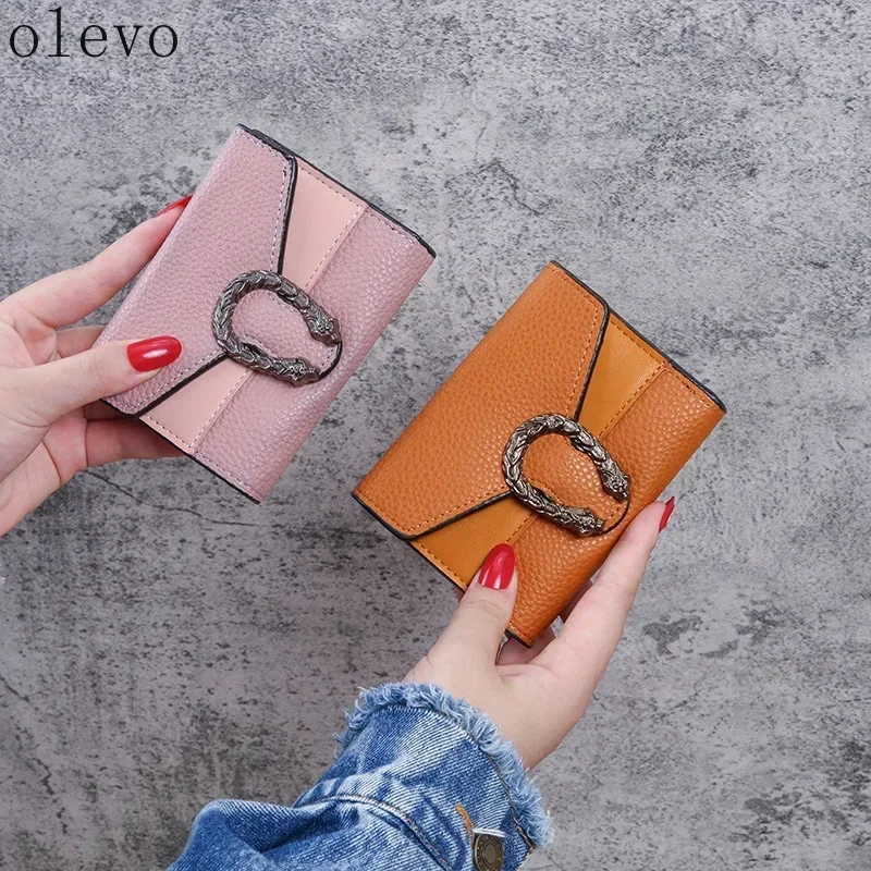 Mini carteira feminina de couro PU com padrão de lichia simples dobrável portátil bolsa curta