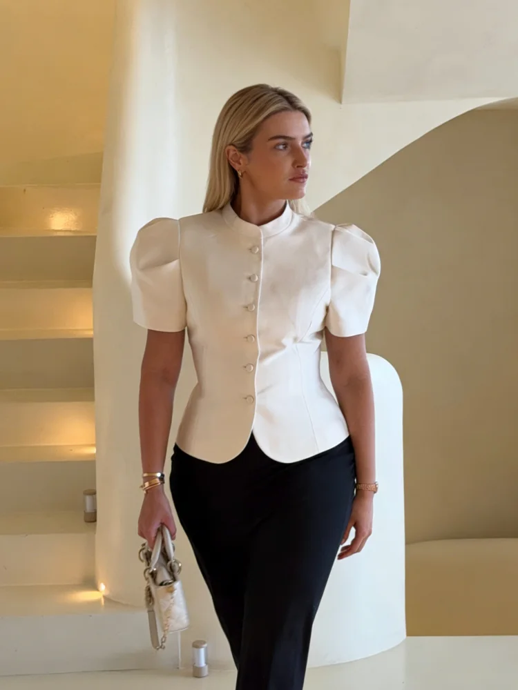 Satin Solid Round Neck Puffer Jacket Short Sleeve Slim Button Front 2026 Spring Retro Elegant Women Blouse Chic Office Lady Coat image 3