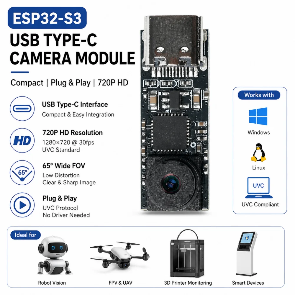 Mini USB Type-C Camera Module for ESP32-S3 Development Board, Supports Linux and Windows Systems, 720P, 1MP, 65° Wide-Angle Lens
