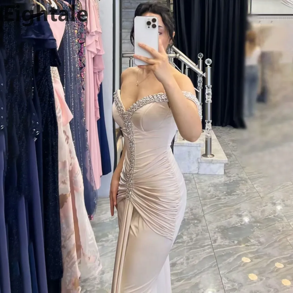 

Eightale 2025 Champagne Mermaid Maxi Evening Dress Off Shoulder Pleat Beaded Customized Prom Gown Party Dress robe de soiree