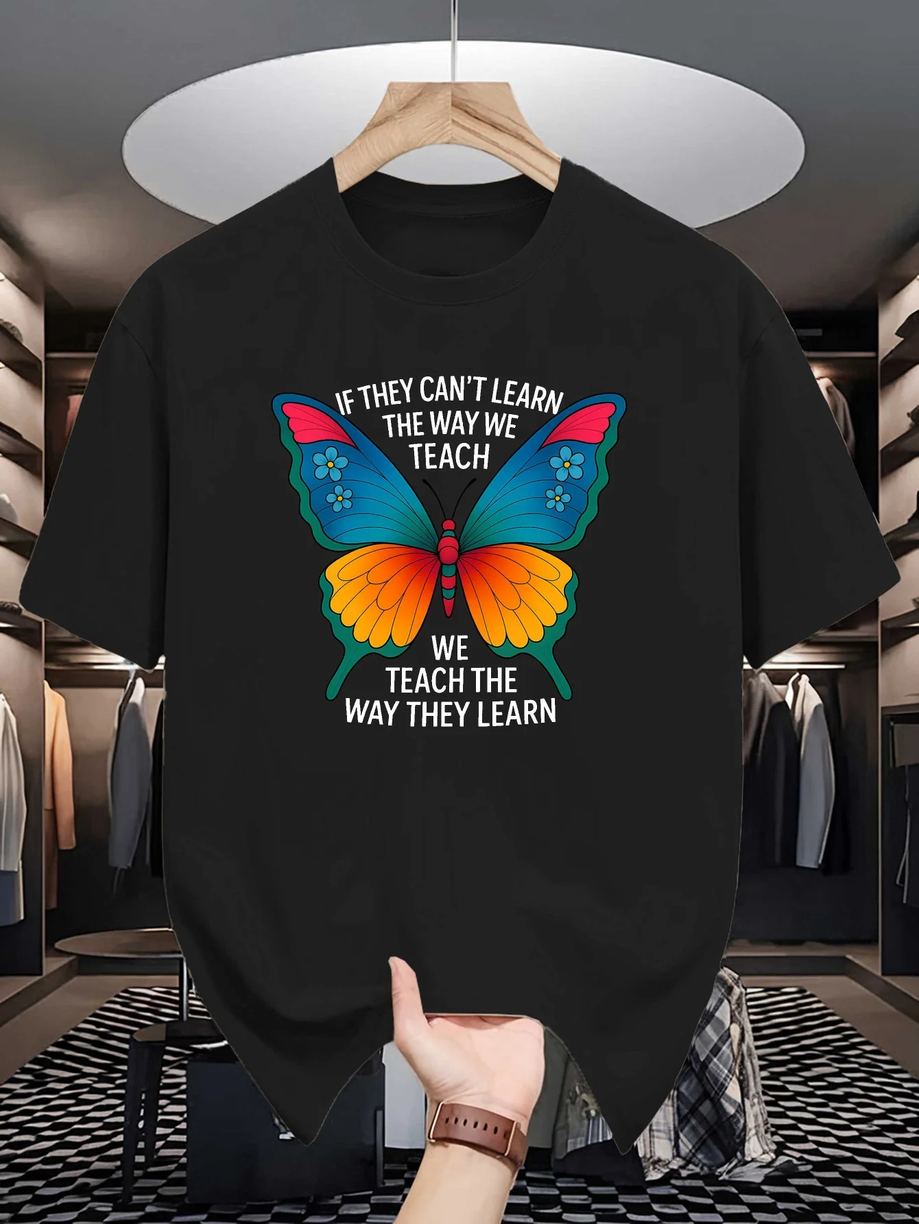 Mens Crew Neck T Shirt Colorful Butterfly Teach Quote Graphic Tee Casual Tops For Teachers Summer Daily Outfit Holiday Gift