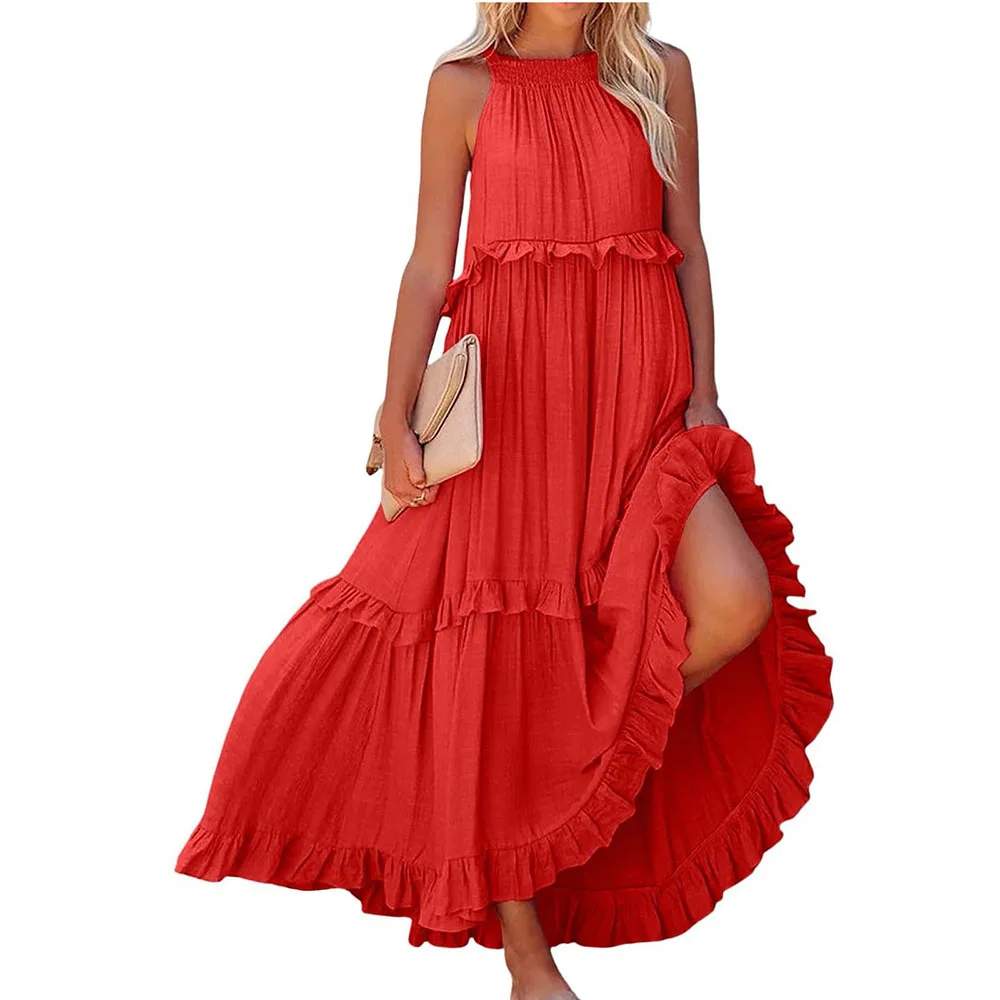 Solid Beach Maxi Dresses For Women Sleeveless Casual Daily Wear Ankle-Length Fashion Summer Elegant Big Swing Dresses