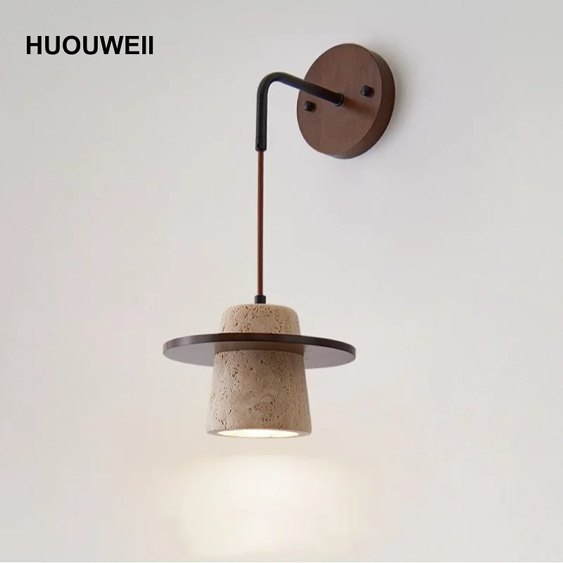 

Retro Restaurant Yellow Travertine Wall Lamp Modern Bedroom Bedside Lights Aisle Corridor Decoration Lamp