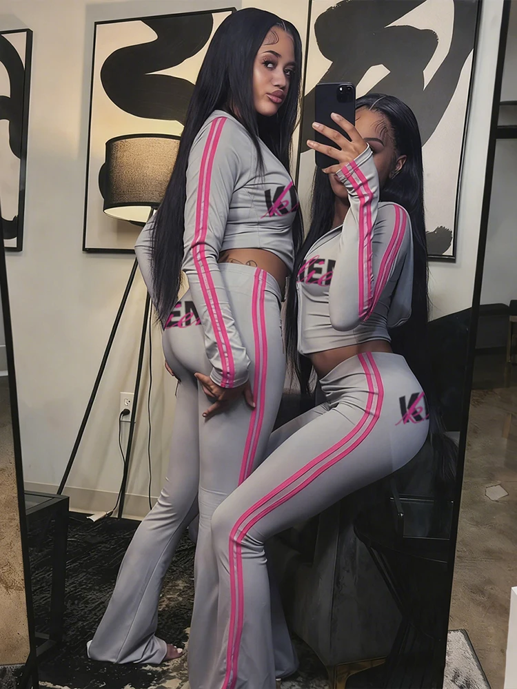 Cutenew 스포티 한 편지 인쇄 2 조각 세트 여성 트랙 수트 탄성 후드 재킷 + 바지 캐주얼 타이트 매칭 스트리트웨어 의상