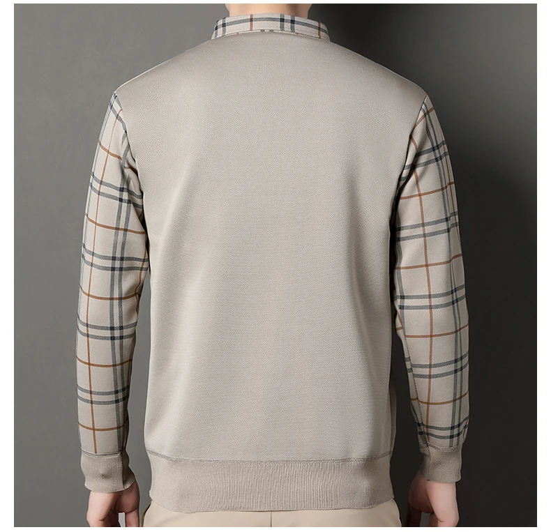 Herren Plaid Pullover Fleece Pullover Slim Fit Elegante Luxus Marke Gefälschte Zwei Stücke Gestrickte Pullover – Detail 3