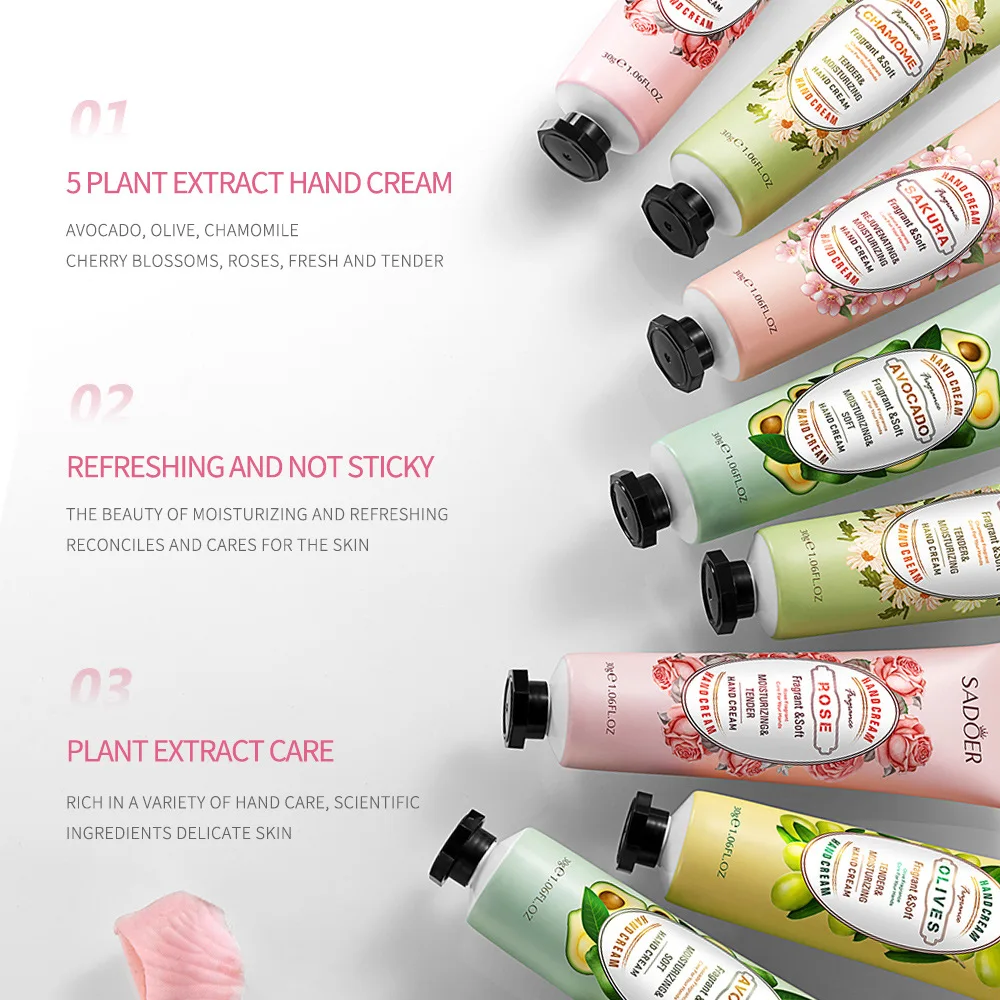 5Pcs SADOER Fruit Plant Hand Cream Sets Moisturizing Repair Anti Dry Hand Lotion Skin Care Products