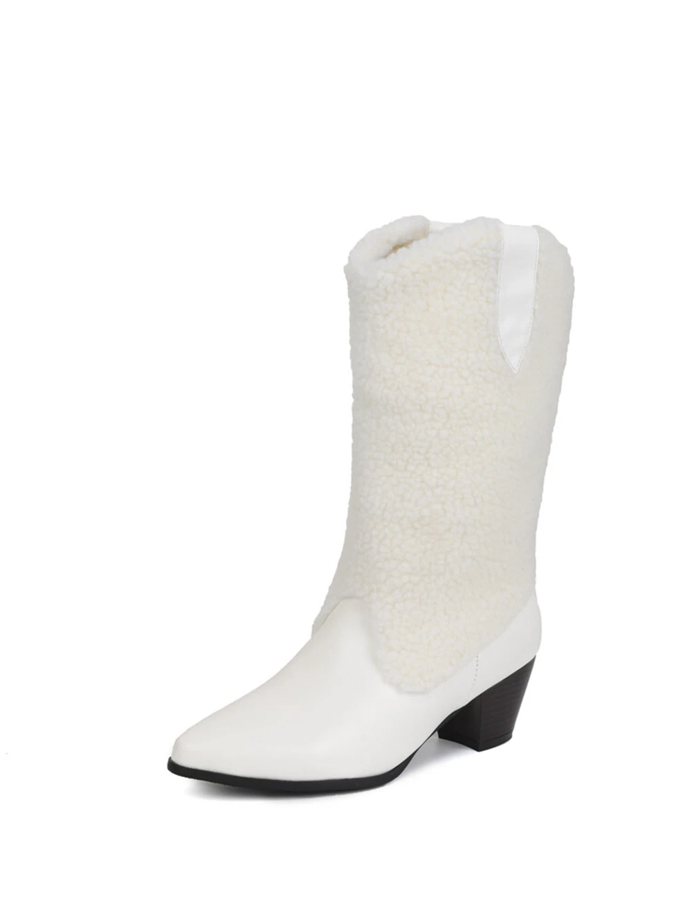 Fashion Simple Slip on Western Cowboy Boots Autumn Winter Mid-tube Boots Thick Heel Pointed Toe Knight White Women Boots 533-7