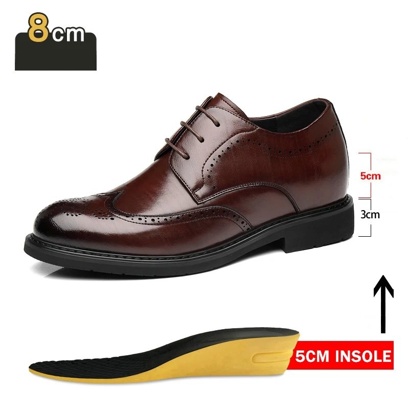 Men\'s Dress Brogues Elevator Shoes Platform Breathable Casual Business Luxury Genuine Leather Heightening Shoes 6 8CM Taller Man