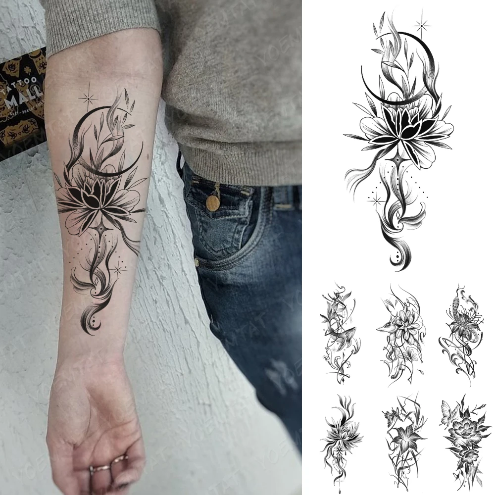 

Black Henna Waterproof Temporary Tattoo Sticker Peony Lotus Moon Flower Sexy Women Body Art Whale Arm Tatoo Fake Tattoos Men